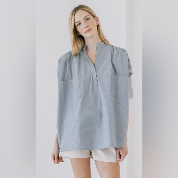 Laude The Label Tops - Laude the Label Split Neck Top Oversized Chambray Cotton Shirt Size S/M